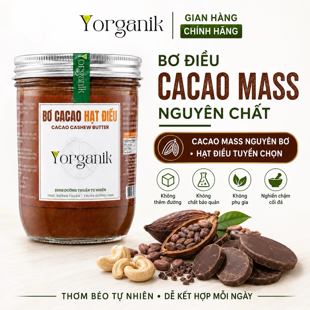 Bơ Cacao Hạt Điều Yorganik (Cacao Mass Nguyên Bơ) - Không Đường, Eat Clean Healthy 200g/450g