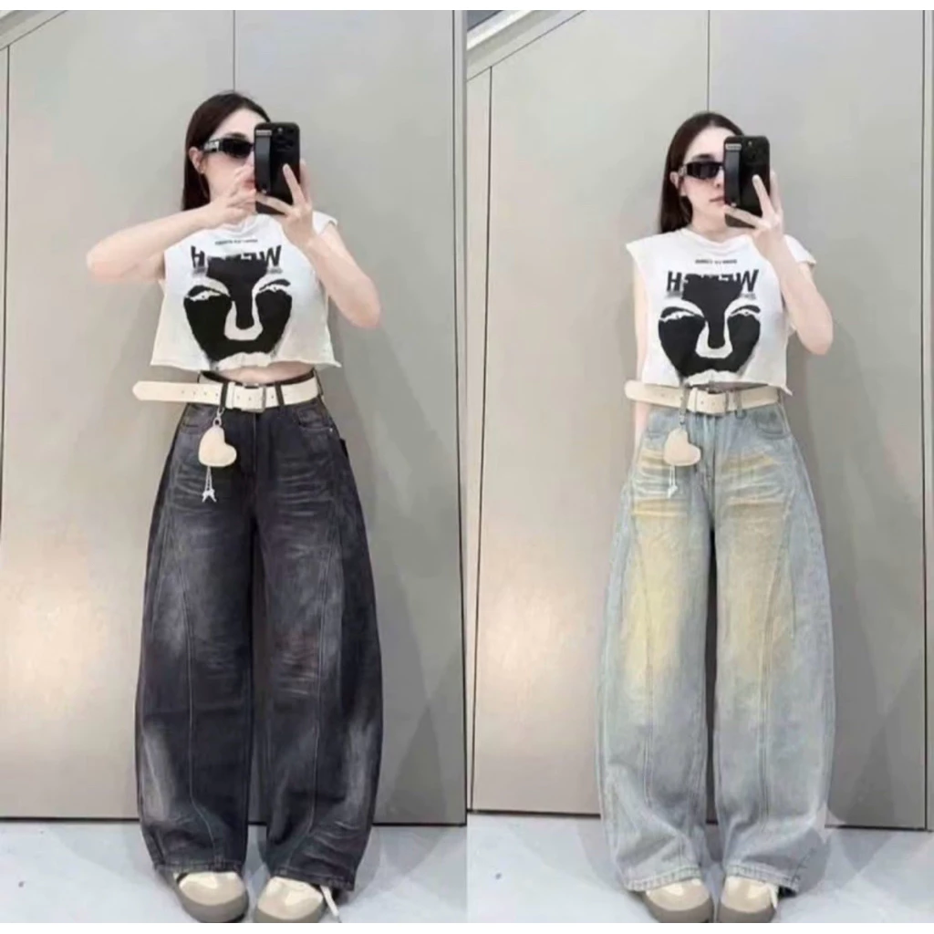 M99 Quần Jeans Suông Ống Rộng Cạp Trước Khoá Sau Chun Mặc Thoải Maid Cho Nữ