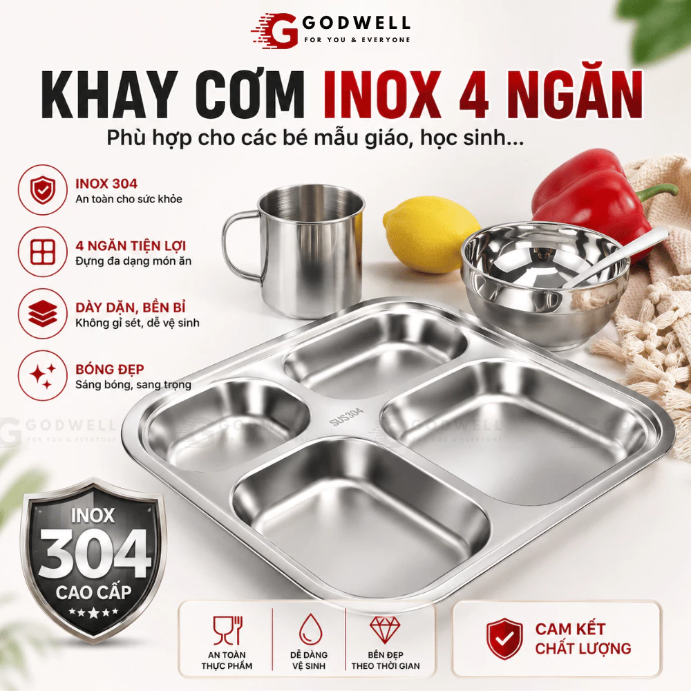 Khay cơm inox 304 sâu lòng, đựng đồ ăn, khay cơm chia ngăn công nhân, văn phòng, học sinh