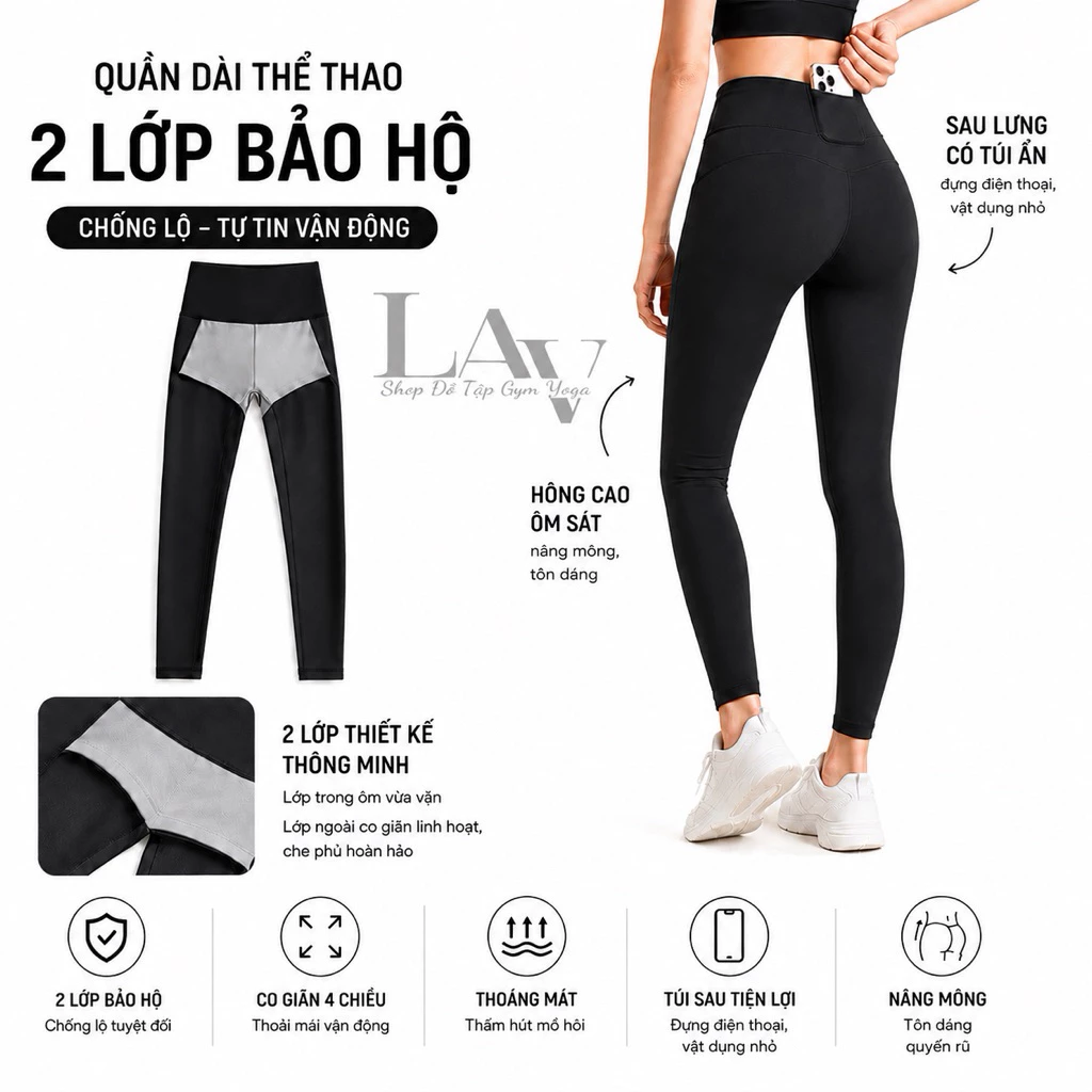 Quần dài legging tập yoga, thể thao chất thun lạnh,quần tập có lớp bảo hộ, có túi đựng tôn mông - LAV Activewear/DAN021