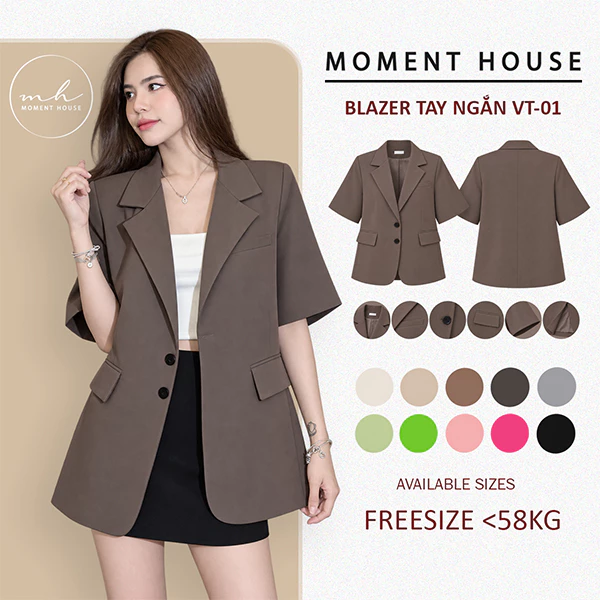 ÁO BLAZER TAY NGẮN (VT-01) - CHẤT VINTEX  có xẻ lưng + đệm vai , freesize dưới 60kg