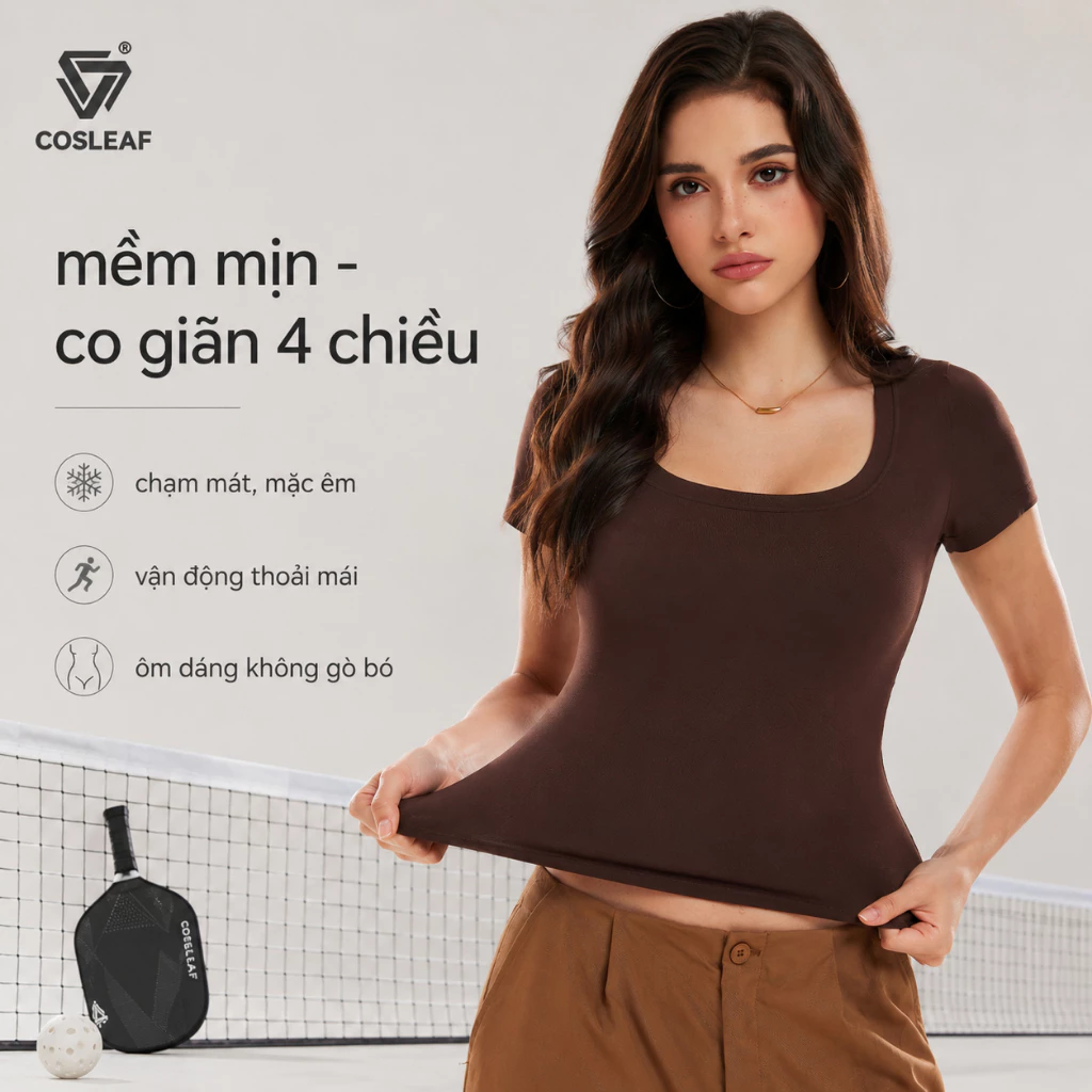 Áo thể thao nữ Shiwei COSLEAF cổ u ôm dáng co giãn phong cách pickleball tennis áo thun nữ tập luyện 26038