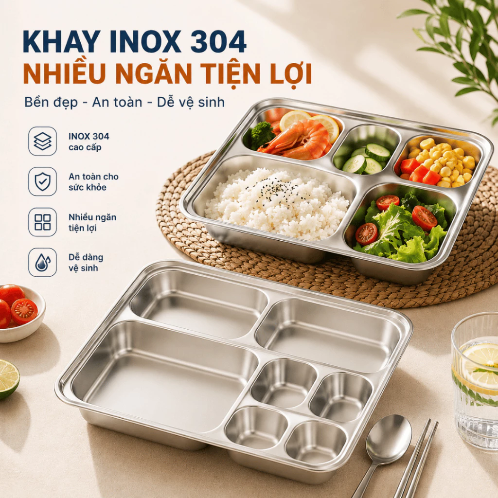 Khay Cơm Inox 304 Nhiều Ngăn Sâu Lòng, Khay Đựng Cơm Chia Ngăn An Toàn Tiện Lợi.