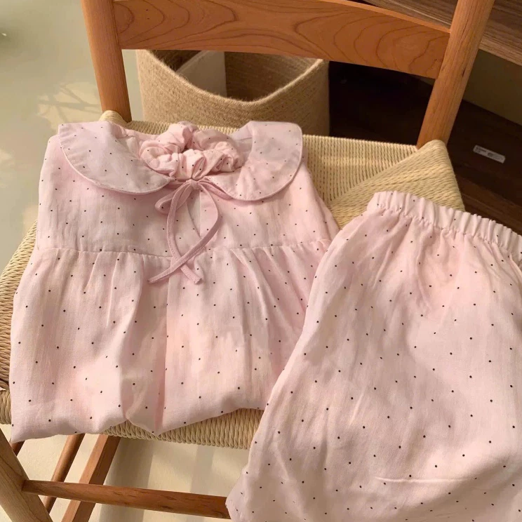SẴN 4XL [BIGSIZE L-4XL] Bộ Đồ Ngủ Chấm Bi Hồng Pastel Cổ Peter Pan Phối Nơ Dễ Thương Mặc Ở Nhà Hoặc Dạo Phố Nhẹ