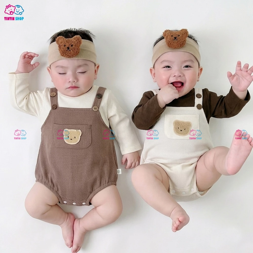 Bodysuit cho bé Body chip dài tay cho bé gái sơ sinh Áo liền quần Chip Yếm Túi Logo Đầu Gấu SLT145