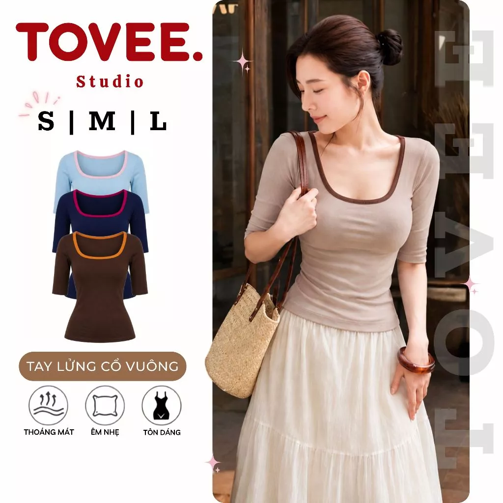 (MỞ BÁN) Áo Thun TAY LỠ CỔ VUÔNG PHỐI VIỀN Chất Borip Lụa DD58 Kiểu Basic Ôm Body Tôn Dáng TOVEE