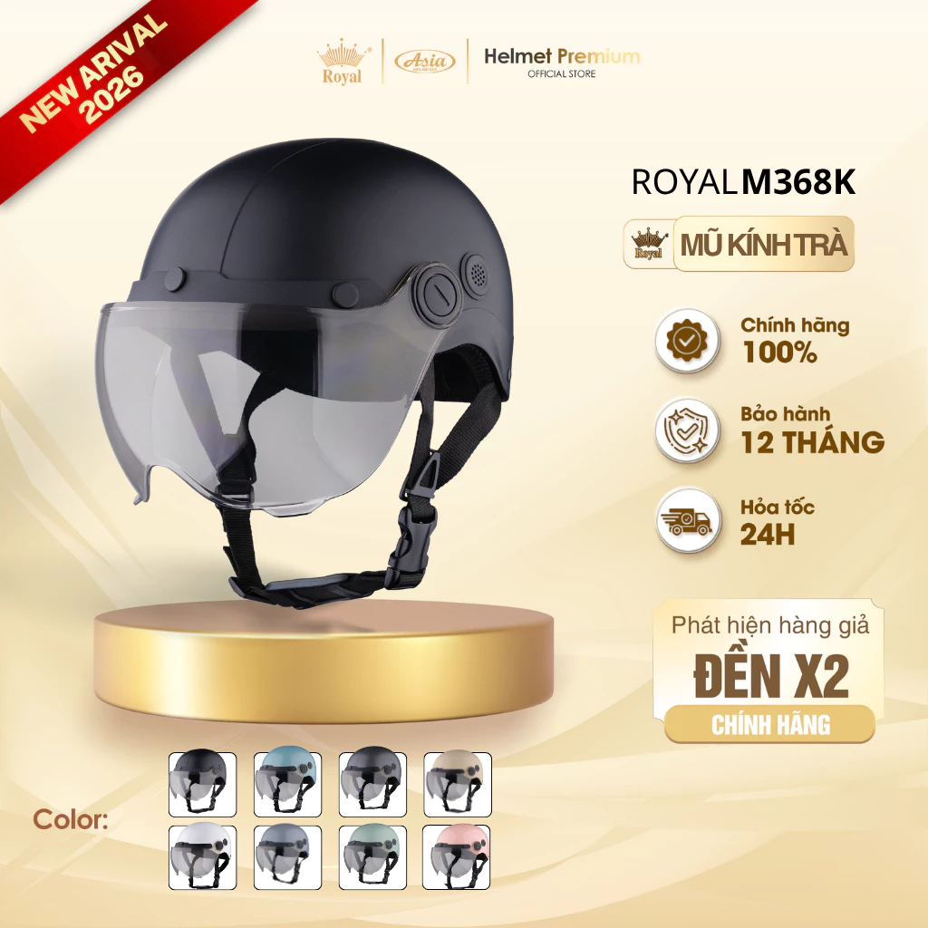 Mũ Bảo Hiểm Nửa Đầu Royal M368K Kính Trà, Lưỡi Trai, Nón Sơn Nhiều Màu Sắc, Nam Nữ, Royal Chính Hãng