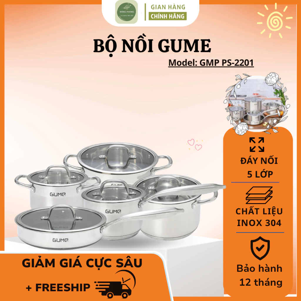 Bộ nồi chảo inox 304 GUME cao cấp nhập khẩu Hàn Quốc, bộ nồi đáy 5 lớp sử dụng cho mọi loại bếp - Shop Đông Phong