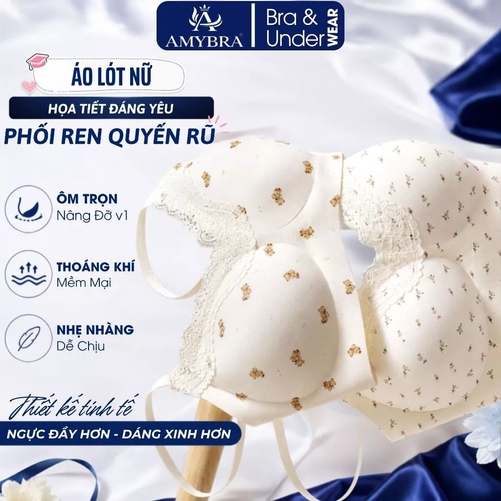 Áo Lót Áo Bra Nữ Không Gọng AMYBRA A1233 Cup Ngực Giọt Nước Chống Xệ Họa Tiết Đáng Yêu AMYBRA A1233