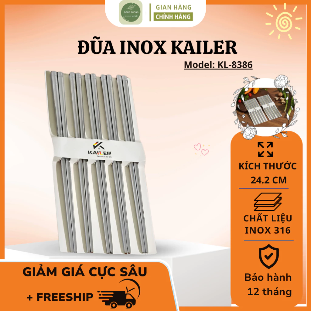 Bộ 10 Đôi Đũa Inox Cao Cấp Kailer Sang Trọng Cao Cấp, Chống Cong Vênh Đầu Đũa Chống Trơn Trượt - Đông Phong