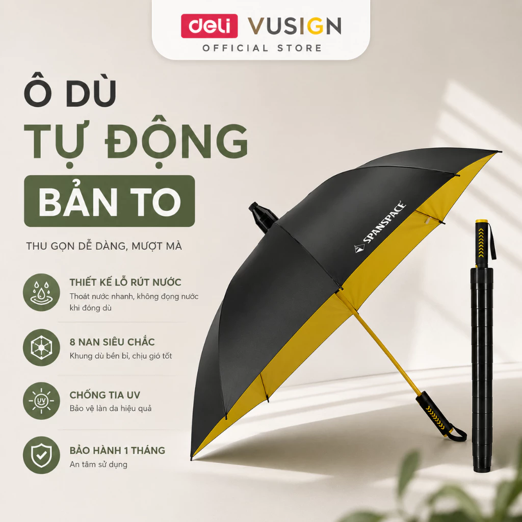 Ô Dù Tự Động Deli Chống Nắng Tia UV Che Mưa Có Vỏ Rút Ngăn Nước Tràn Xe Ô Tô Sàn Nhà Bền Bỉ