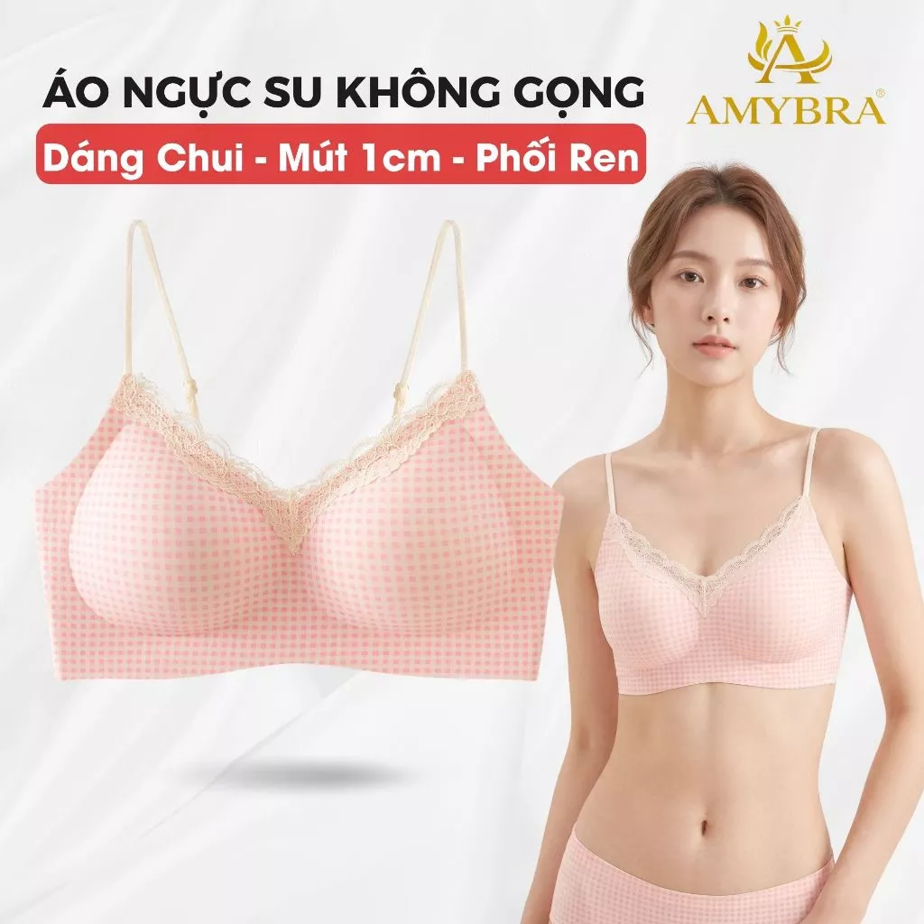 Áo Ngực Đúc Su Họa Tiết Ngọt Ngào Phối Ren Thanh Lịch, Áo Lót Nữ Mút 1cm Êm Ái Mềm Mịn AMYBRA A1233