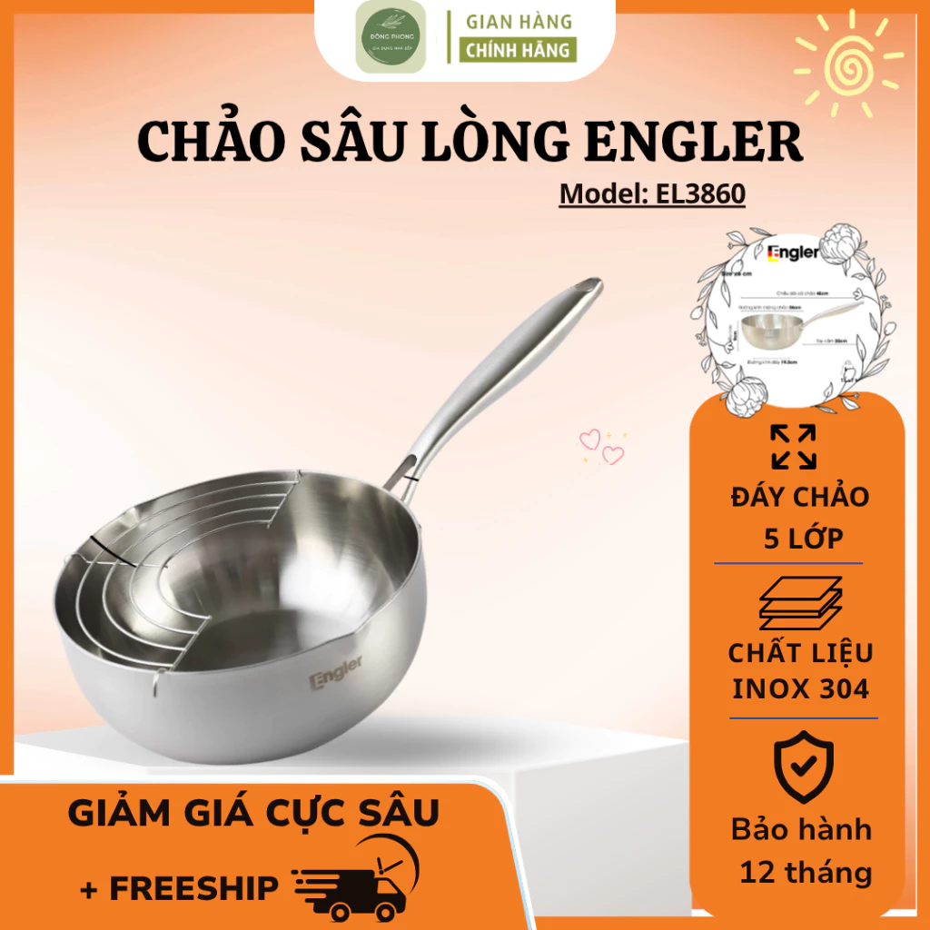 Chảo sâu lòng đáy 5 lớp Engler EL3860, chảo inox 304 nguyên khối tay cầm chống nóng cho mọi loại bếp - Shop Đông Phong