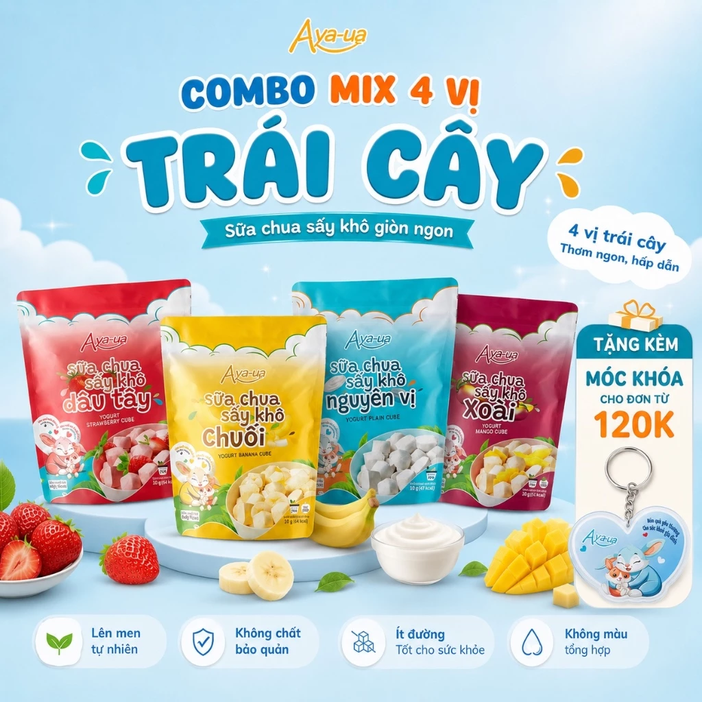 Combo 4 Gói Sữa Chua sấy Khô Aya-ua Mix Vị Đồ Ăn Dặm cho bé bổ sung lợi khuẩn đề kháng (Gói 10g/16g)