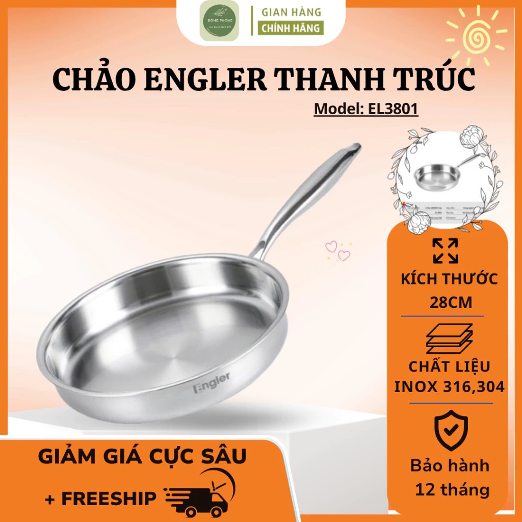 Chảo Size 28,30 Inox 5 Lớp Nguyên Khối Engler EL3801 Bề Mặt Sáng Bóng, Tay Cầm Chắc Chắn - Đông Phong