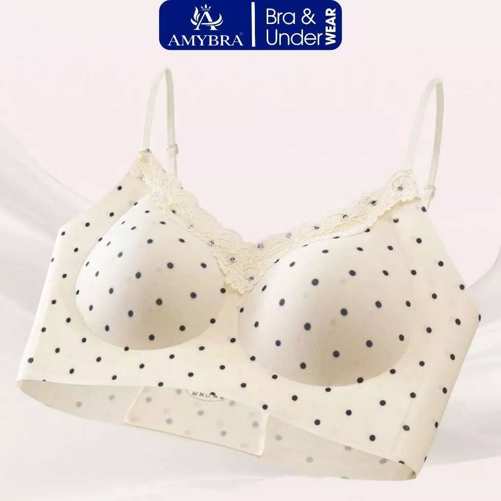 Áo Lót Áo Ngực Nữ Cổ Chữ V Phối Ren AMYBRA A1233 Không Gọng Cup Ngực Nâng Đỡ Chống Xệ Họa Tiết Cute