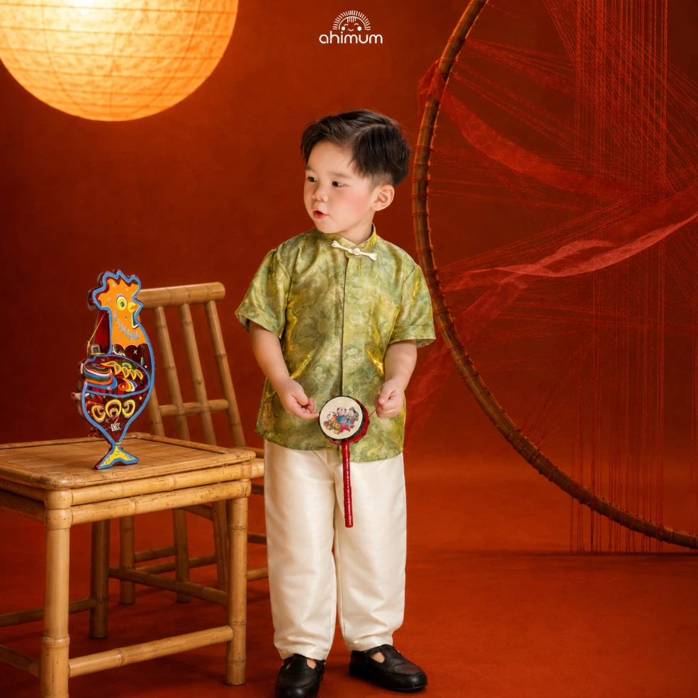 Set đồ trung thu bé trai AHIMUM bộ trung thu bé trai TÙNG MINH vài gấm tơ mềm mại giữ form Size 1-11 tuổi
