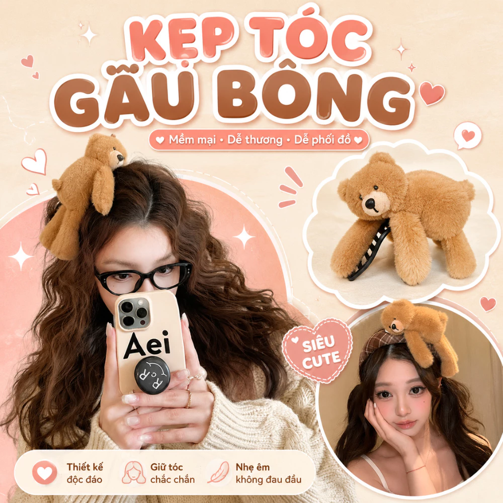 Kẹp Tóc Nữ Gấu Bông Teddy Y2K Dễ Thương, Băng Đô Bờm Tóc Búp Bê Gấu Mềm Mại, Kẹp Mái Gọn Gàng