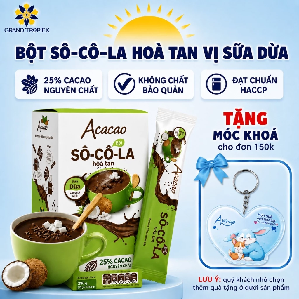 Bột Socola Hòa Tan Acacao Vị Sữa Dừa Uống Liền - Bột cacao nguyên chất 25% Thơm Ngọt Tự Nhiên - Túi 96g, Hộp 286g