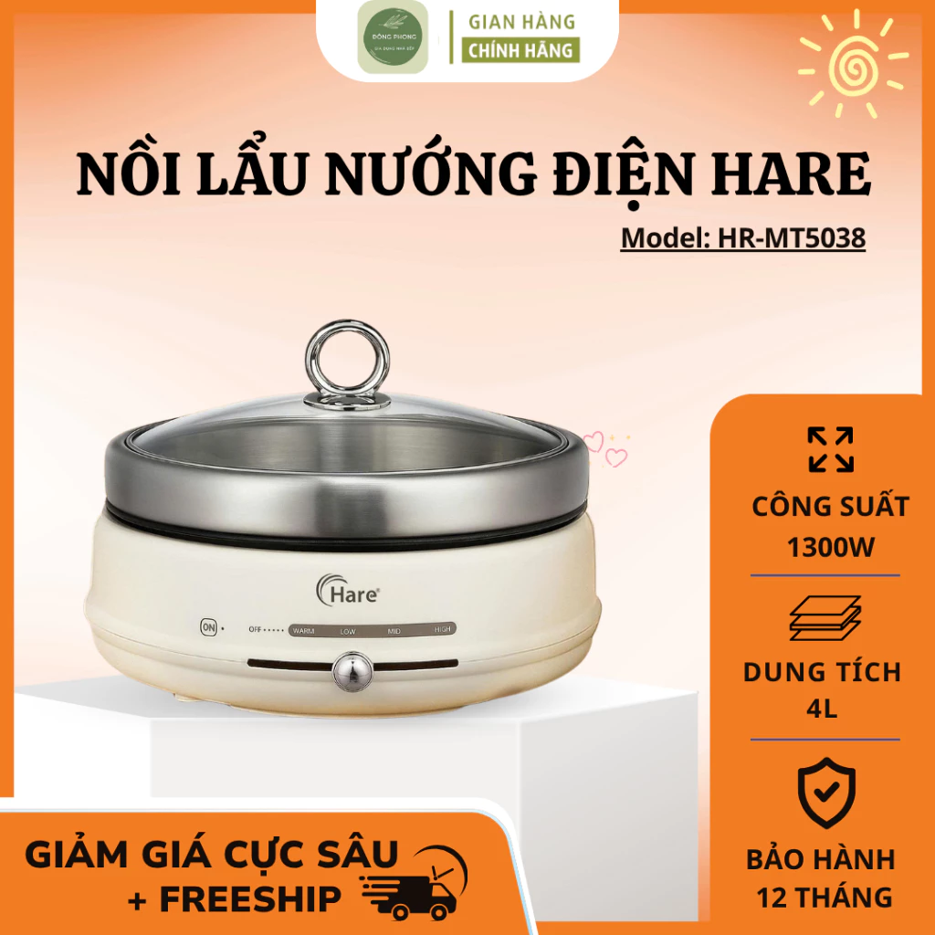 Nồi Lẩu Nướng Điện Hare Trang Bị Núm Điều Chỉnh Nhiệt Độ Giúp Tùy Chỉnh Mức Nhiệt Theo Món Ăn, Thuận Tiện - Đông Phong