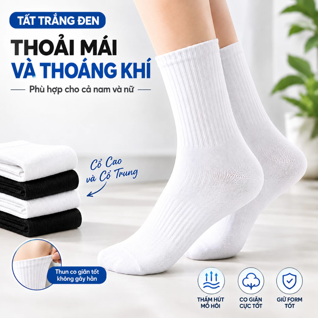 Tất Đen Trắng Nam Nữ Cotton Dệt Kim Cổ Ngắn Trung Cao Thoáng Khí Thấm Hút Mồ Hôi Co Giãn Giữ Form Tốt LADO88 Store