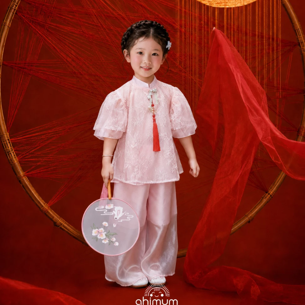 Váy trung thu cho bé gái AHIMUM set áo trung thu Hiểu Yên vải tơ ngọc trai lót lụa mềm mại Size Bé 1-11 tuổi