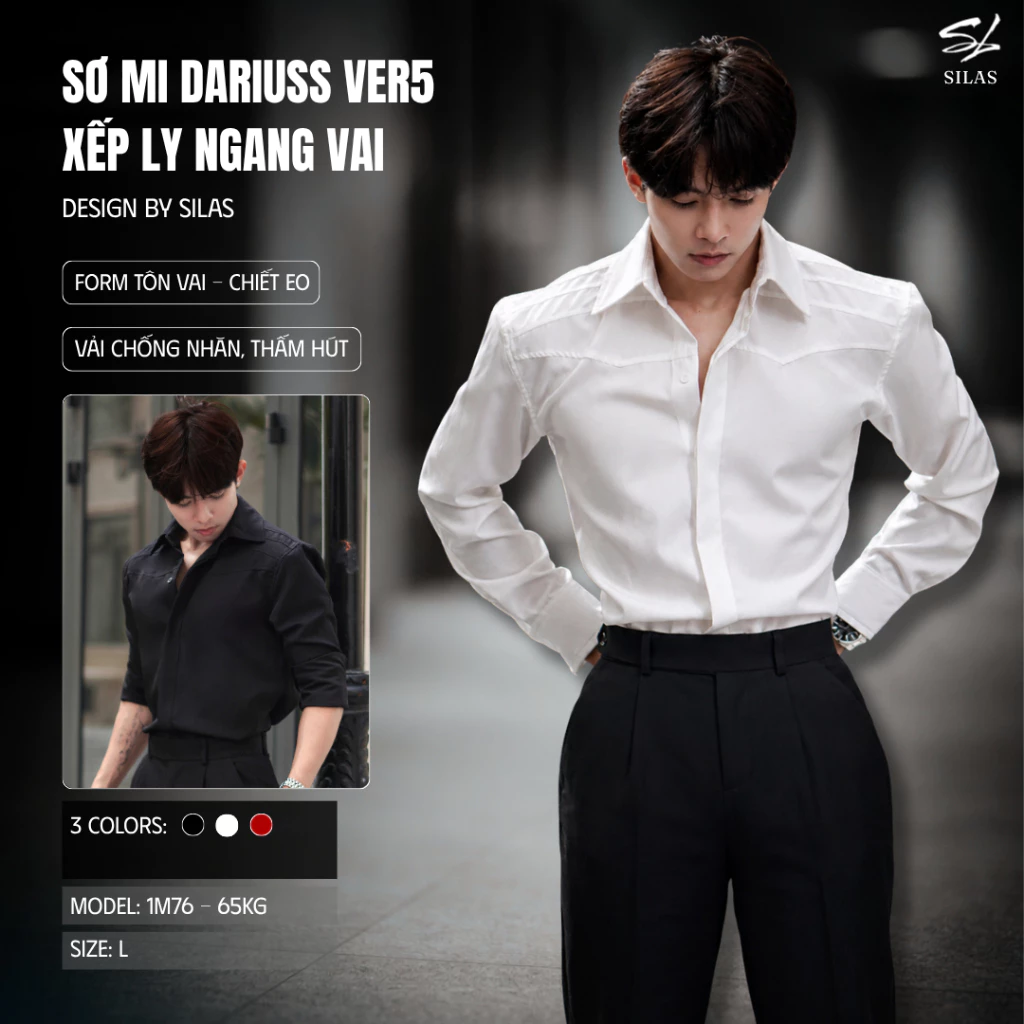 (Form Tôn Vai) Áo Sơ Mi SILAS Dariuss Ver5 Xếp Ly Vai Cotton Chéo Form Rộng Giấu Cúc Nam - ASLR08