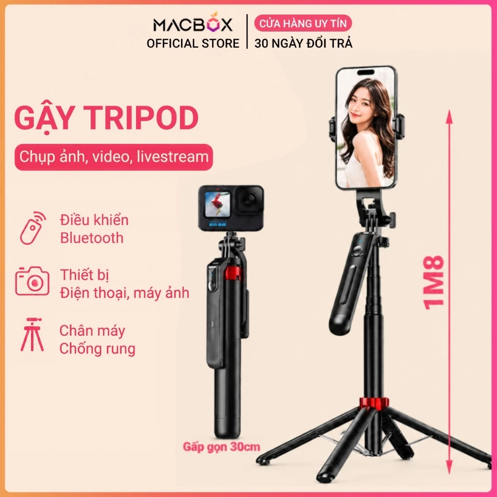 Gậy tripod chụp ảnh Selfie 4 chân 1M8 điều khiển từ xa Cây chụp hình Selfie tự sướng camera Quay video Livestream