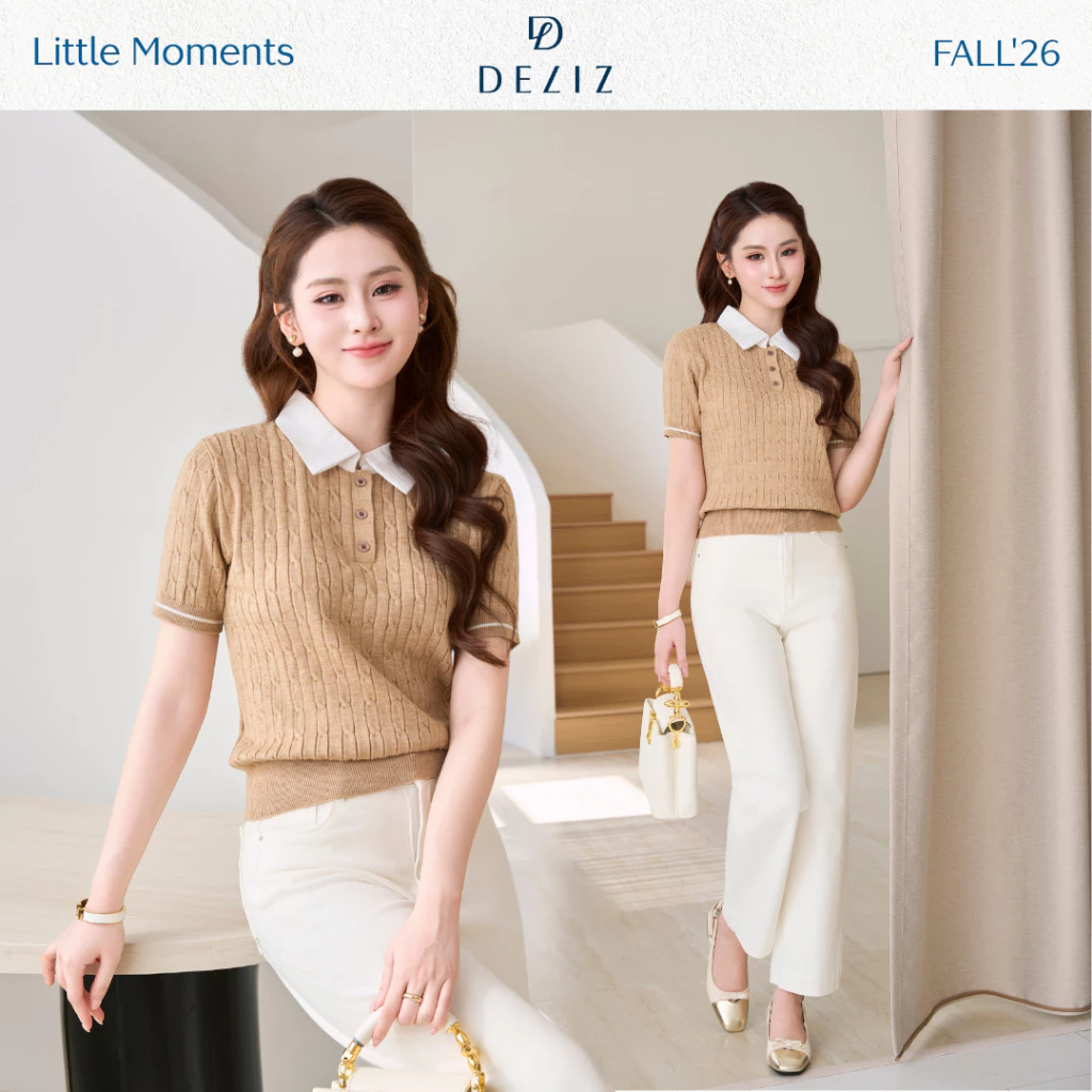 DELIZ – Áo len cổ polo nữ dệt vặn thừng, áo len cộc tay họa tiết vặn thừng cổ đức phong cách công sở PL313