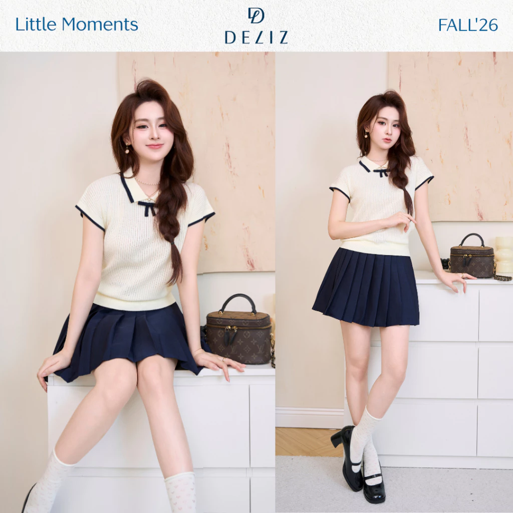 DELIZ – Áo len nữ mỏng mát cổ bẻ phối nơ trẻ trung, áo polo len tay ngắn phong cách tiểu thư PL315