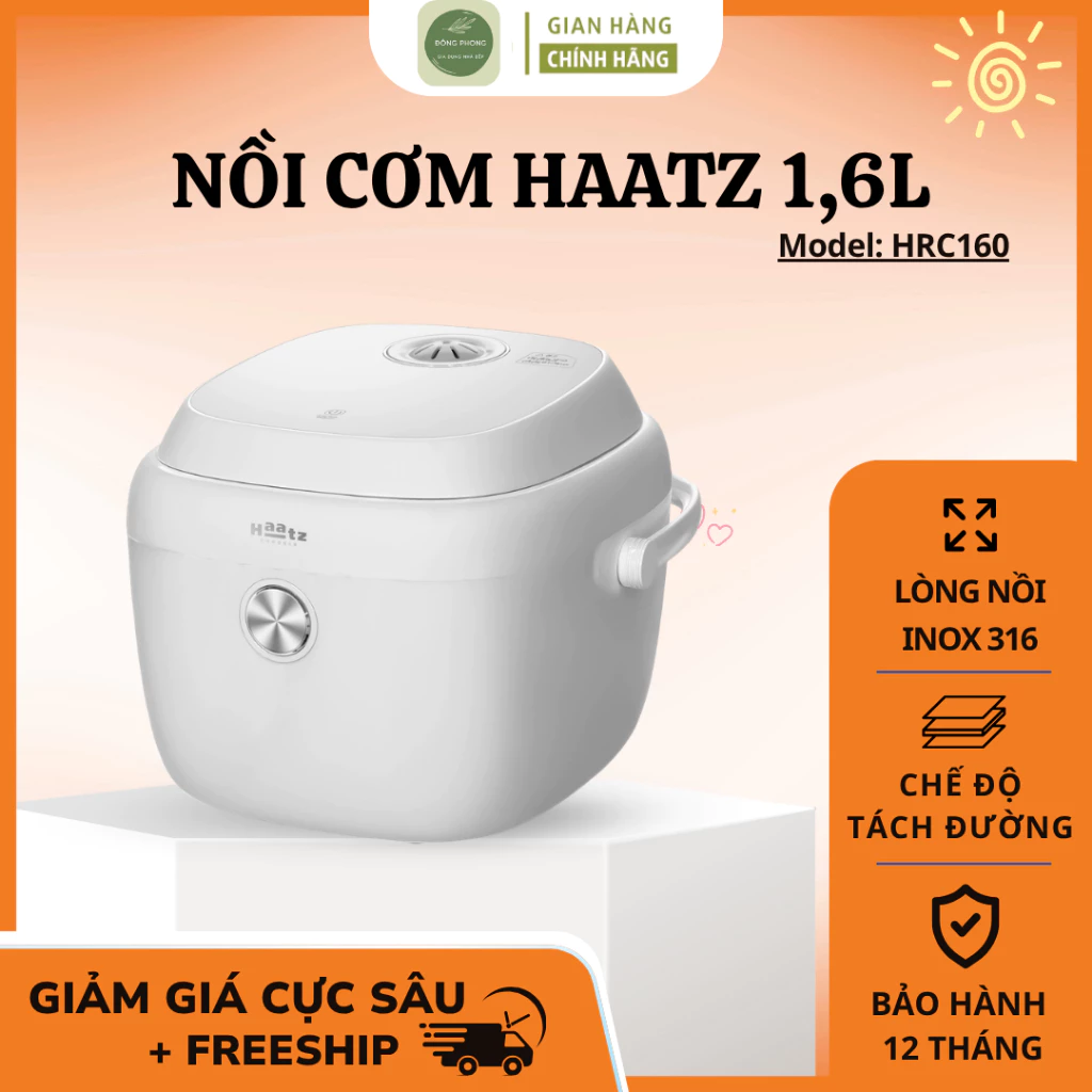 Nồi Cơm Haatz 1.6L HRC160 Chế Độ Tự Ngắt Khi Quá Nhiệt, Lòng Nồi Inox 316 Chuẩn Y Tế - Đông Phong
