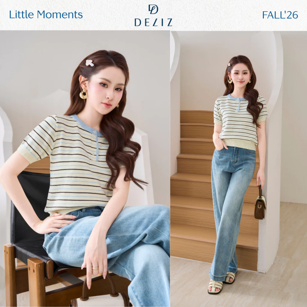 DELIZ – Áo len nữ cổ tròn kẻ ngang phối màu basic, áo len cộc tay kiểu dáng thanh lịch dễ phối đồ ALC608