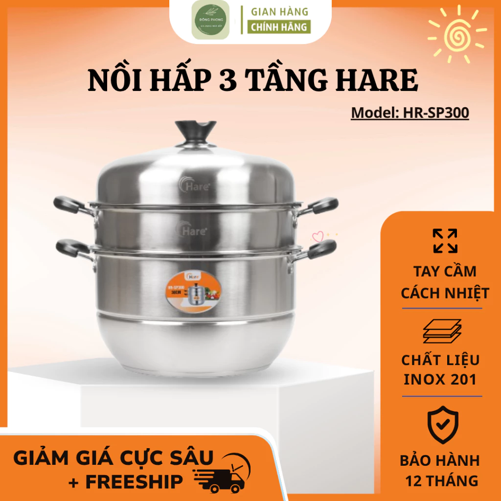 Nồi Hấp 3 Tầng Hare 30Cm HR-SP300 Thân Cao Nấu Lẩu Luộc Gà, Inox Sáng Bóng Dễ Vệ Sinh - Đông Phong