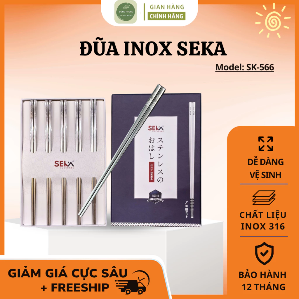 Đũa Seka SK566 Inox 316 Cao Cấp  Thiết Kế Rỗng Cách Nhiệt, Chống Trơn Trượt, Kháng Khuẩn - Đông Phong