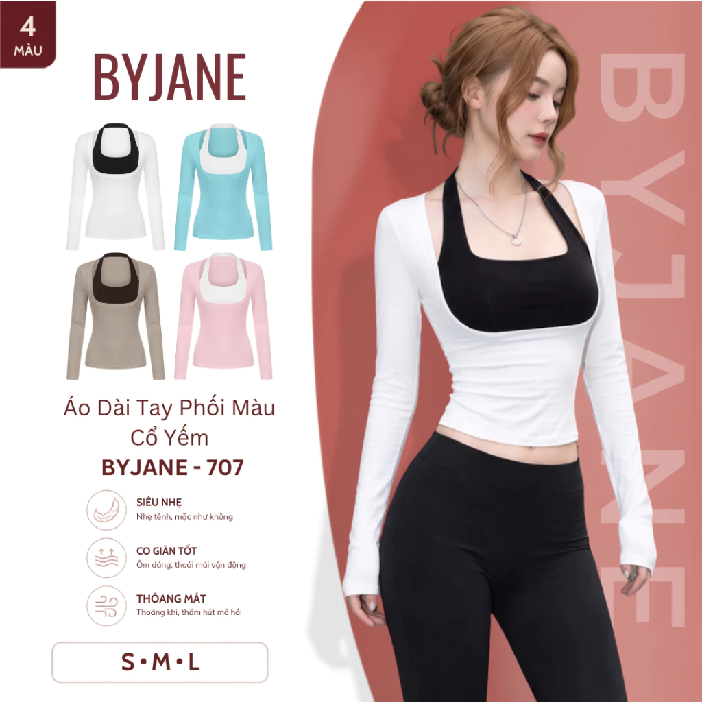 [ MỞ BÁN ] Áo Nữ Dài Tay Ôm Body Phối Màu Cổ Yếm Co Giãn Thời Trang BYJANE - 707