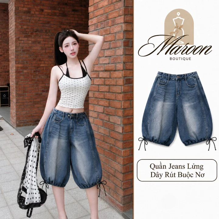 Quần Jean Lửng Nữ J89 Dáng Balloon Wash Xanh, Lưng Thun Sau, Gấu Rút Dây Cá Tính Y2K