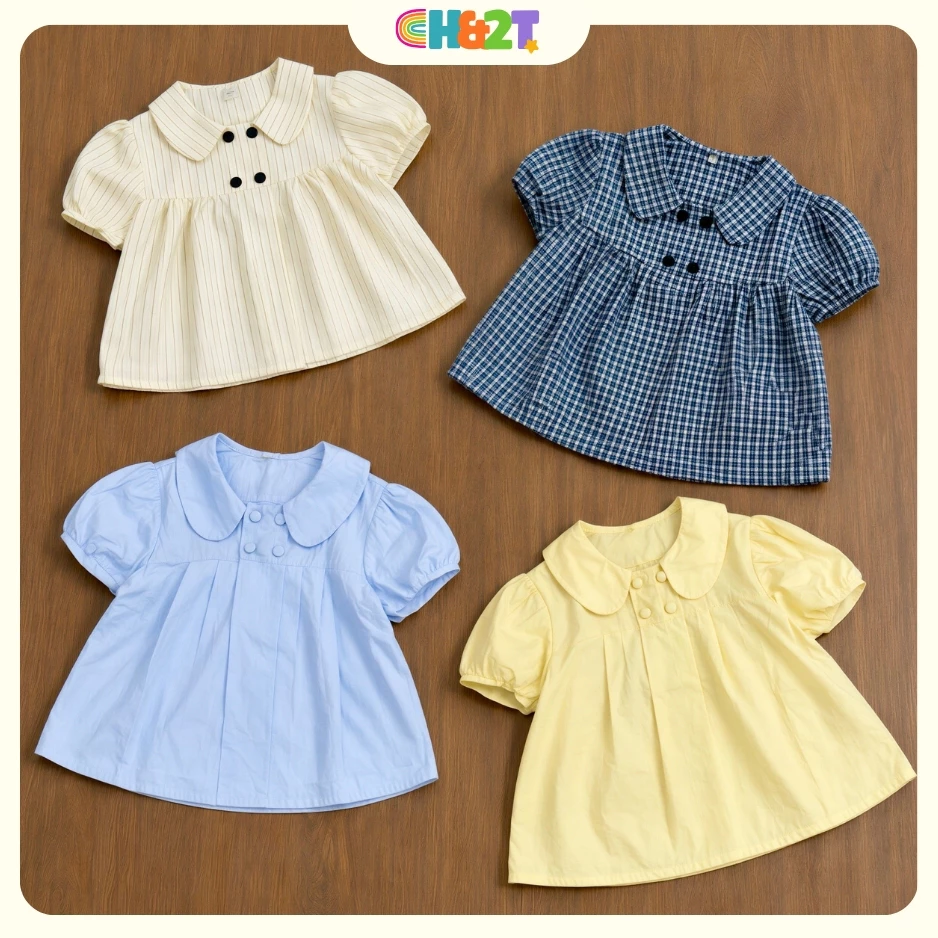 Áo sơ mi bé gái cổ sen tay bồng dáng xòe babydoll phối cúc đúp xinh xắn, áo kiểu bé gái đi học đi chơi - T32