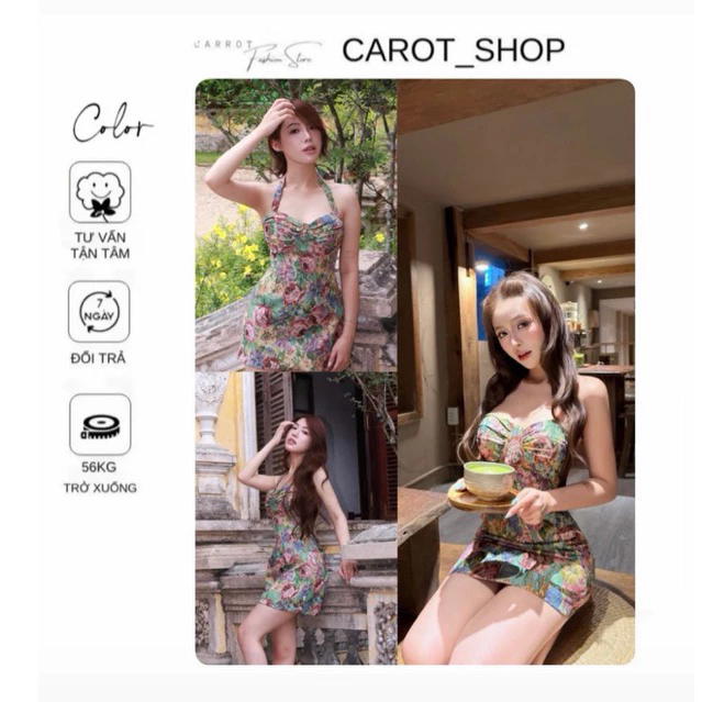 ( BIGSIZE ) VN160 Váy hoa vải bố yếm dáng ôm body tôn 3v đi tiệc, đi biển sang chảnh quý phái tiểu thư by CarrotShop