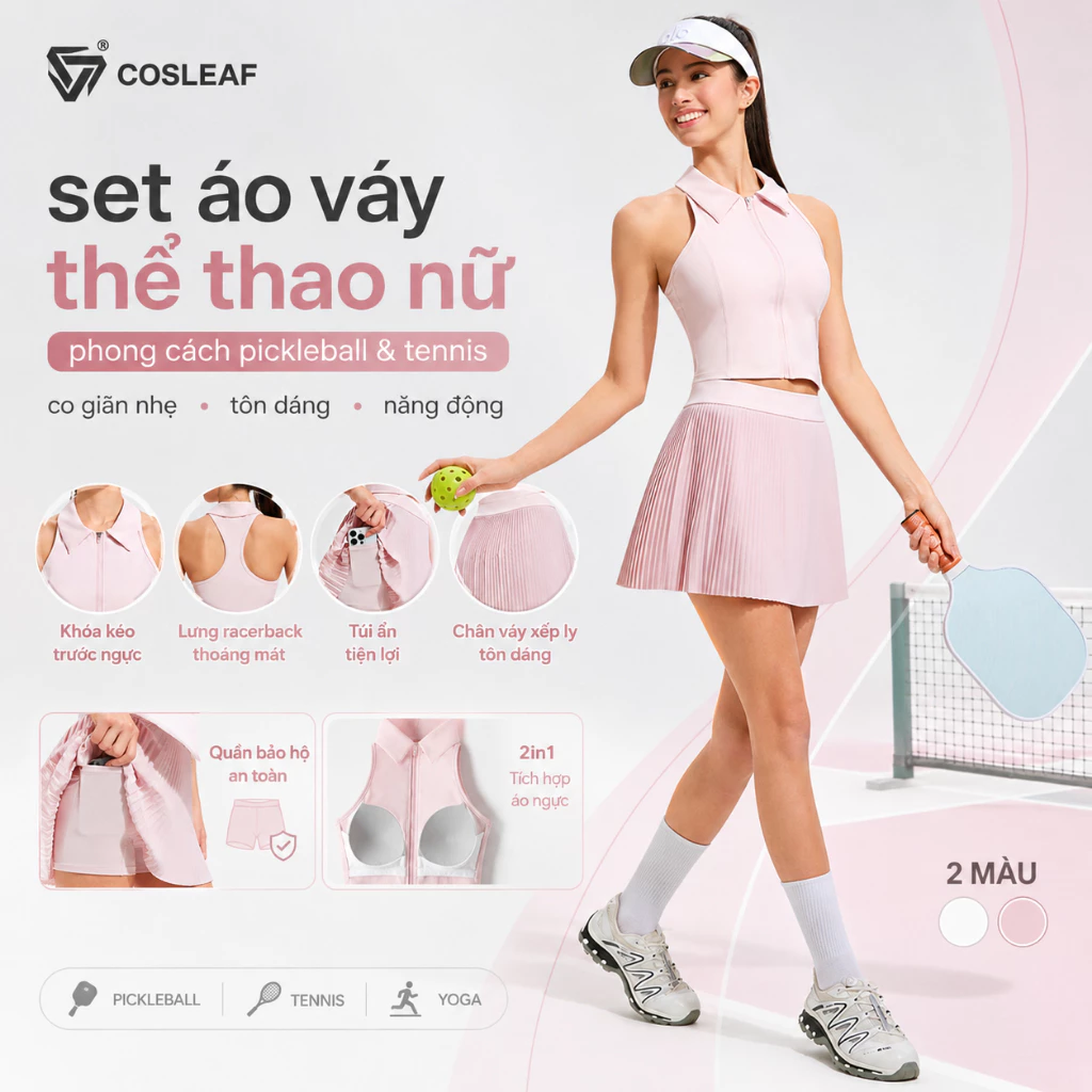 Set áo váy thể thao nữ Shiwei Cosleaf có quần bảo hộ chân váy xếp ly phong cách pickleball tennis co giãn tôn dáng 24300