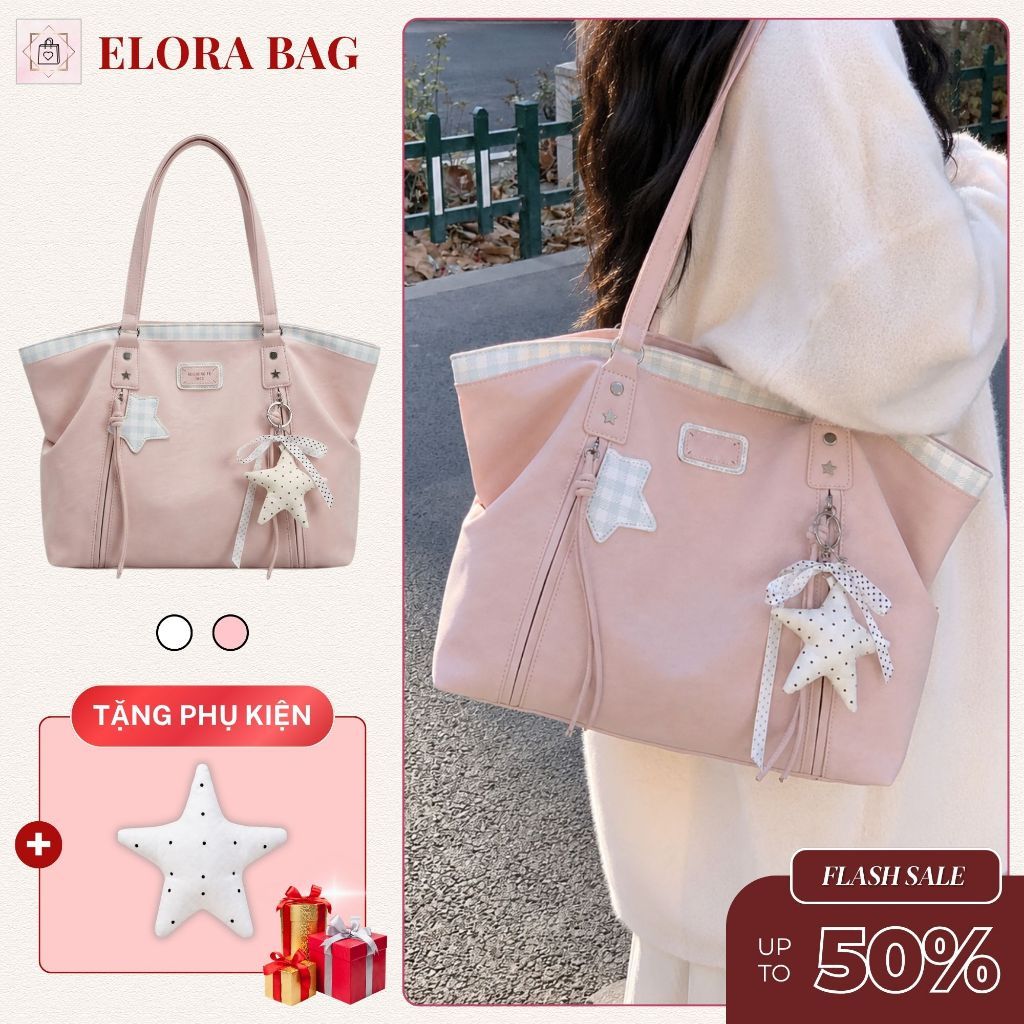 𝐂𝐓𝟎𝟐𝟕 Túi tote nữ đeo vai da pu phối kẻ caro tặng charm sao, túi xách nữ màu…