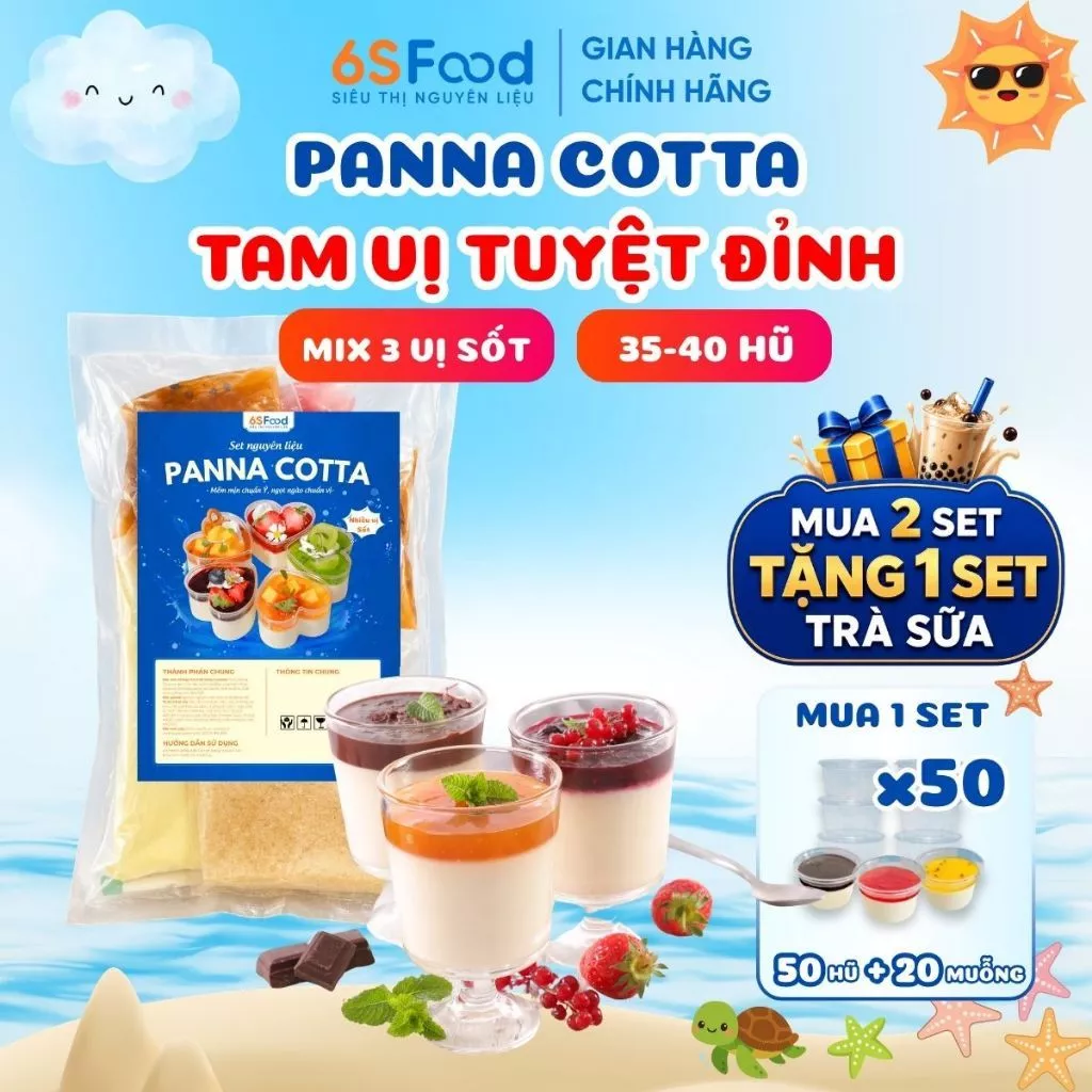 Set nguyên liệu Panna Cotta Tam Vị Tuyệt Đỉnh 35-40 hũ mix 3 vị Dâu, Chanh leo, Xoài - 6SFOOD