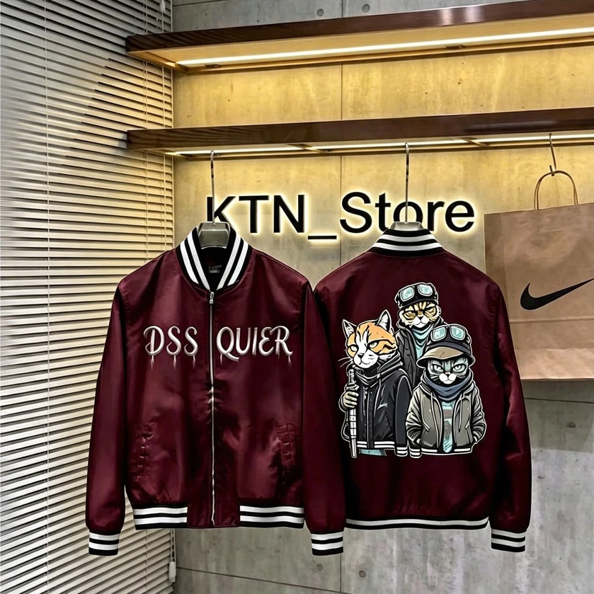 Áo Khoác Bomber Nam DSSQ Meow Đỏ Đô Logo Thêu Tỉ Mỉ, Áo Khoác Bomber Nam Phong Cách Boy Phố Trẻ Trung Năng Động