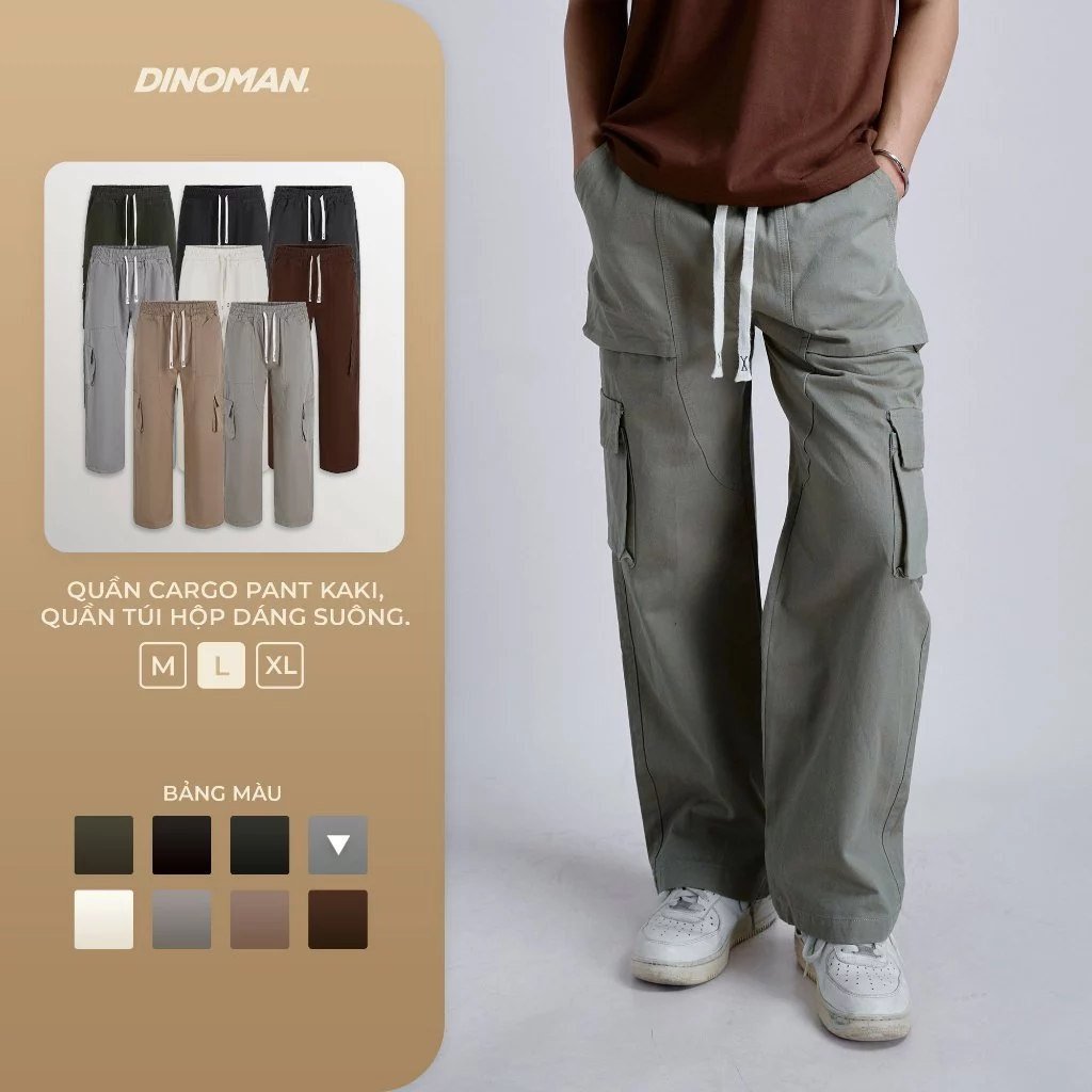 Quần Cargo Pant Kaki 300gsm DINOMAN , Quần Túi Hộp Nam Nữ Ống Rộng Basic QTH01