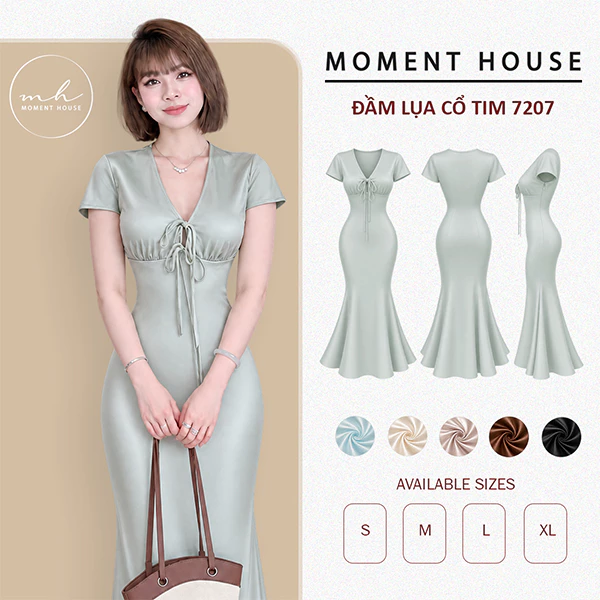 Đầm lụa cổ tim có tay thắt nơ ( 7207 ) chất lụa tô châu mềm mịn, form lài đuôi cá tôn dáng, có khóa kéo bên hông