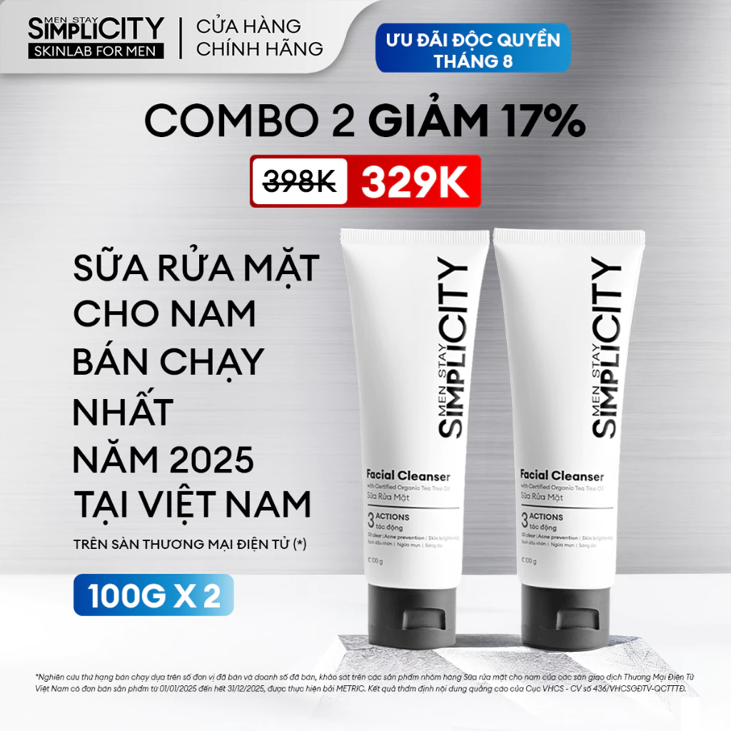 Combo 2 Sữa rửa mặt nam Men Stay Simplicity 3 tác động giúp sạch dầu nhờn, hỗ trợ ngừa mụn, sáng da 100gx2