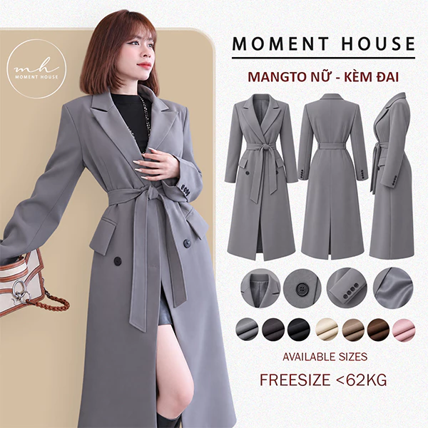 ÁO MANGTO NỮ - kèm đai, chất QC nhập siêu đẹp, form basic dễ mix đồ - phù hợp mùa thu đông, FREESIZE DƯỚI 62KG
