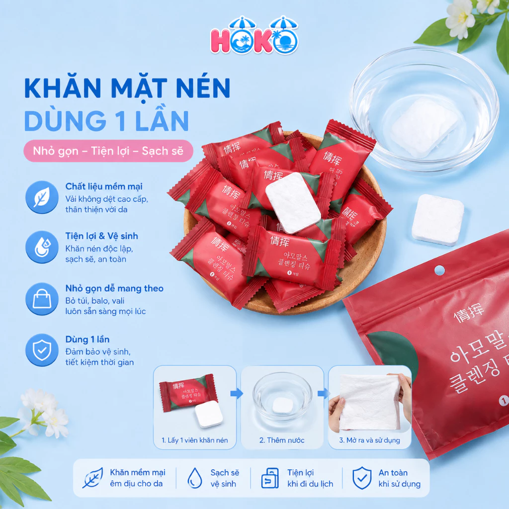 Khăn mặt nén hình viên kẹo dùng một lần HOKO tiện lợi khi đi du lịch, di chuyển mọi nơi (1c)
