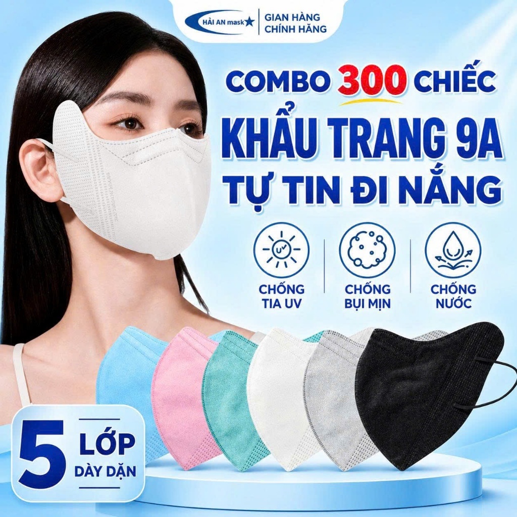 Khẩu Trang 9A HẢI AN MASK, 5 Lớp Chống Bụi Mịn, Chống Nắng,Tia UV, Form Rộng…