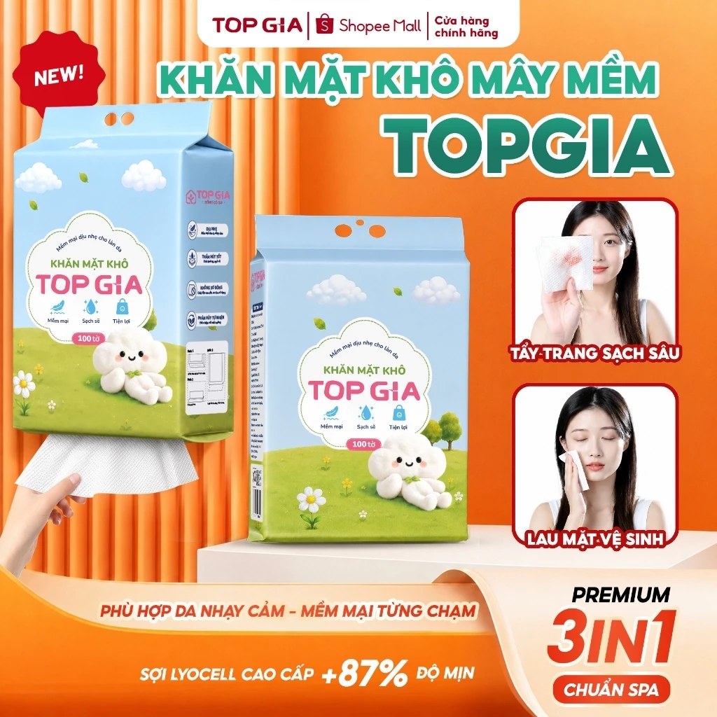 [DEAL HỜI] Khăn mặt khô cao cấp Topgia dịu nhẹ, lành tính cho da, tặng kèm móc treo tường