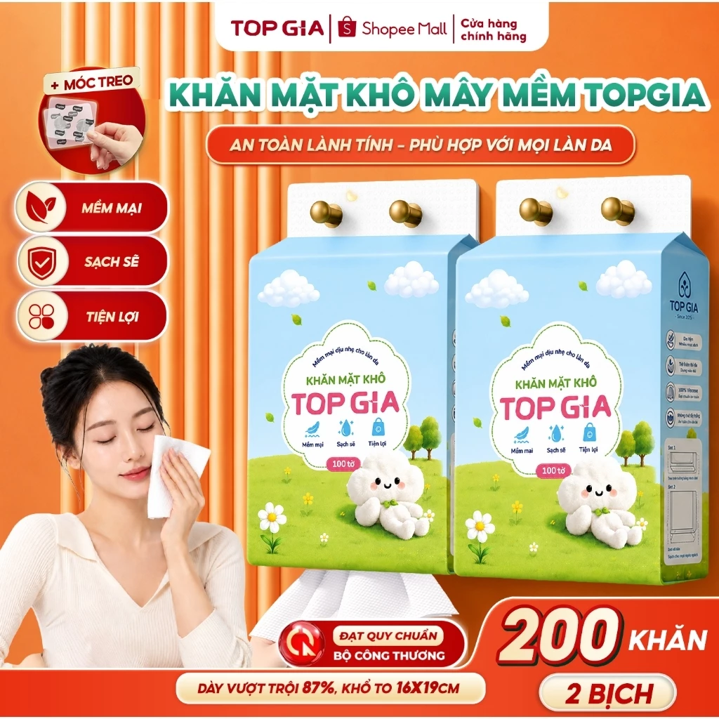 Combo 2 bịch Khăn mặt khô cao cấp Topgia rút đáy treo tường dịu nhẹ, lành tính cho da tặng móc treo